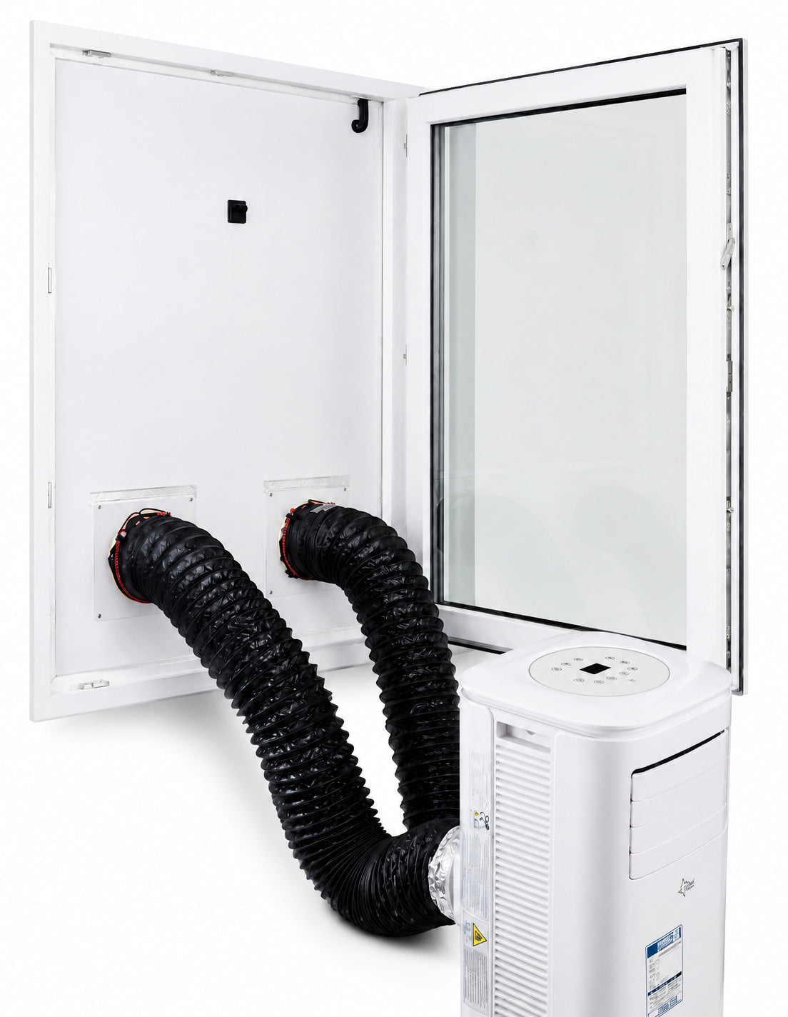 2-Schlauch-Umbau der Suntec Klimatronic 14260 mit beiden Abluftschläuchen durch die Fensterdurchführung