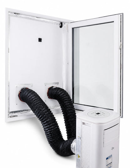 2-Schlauch-Umbau der Suntec Klimatronic 14260 mit beiden Abluftschläuchen durch die Fensterdurchführung