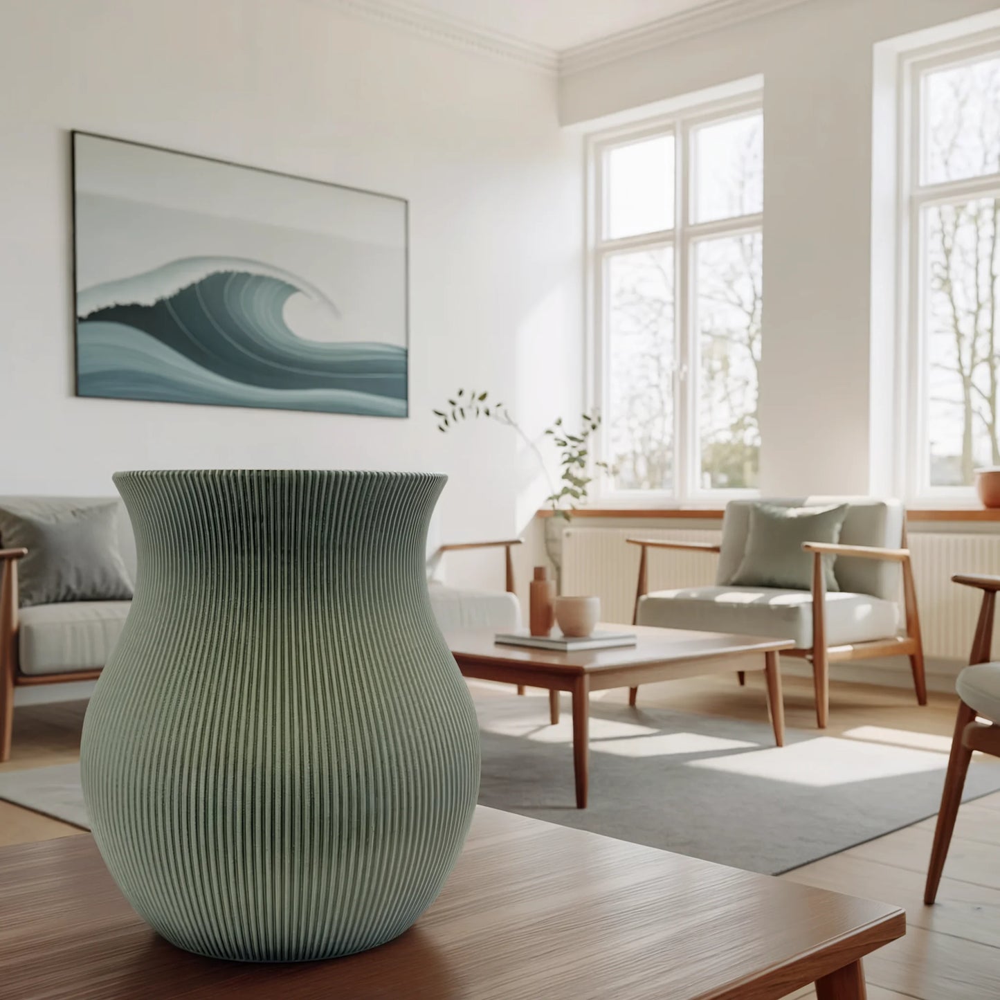 3D-gedruckte Wave Vase in Olivgrün im modernen skandinavischen Wohnzimmer – personalisierbar mit Name oder Text und in verschiedenen Größen und Farben erhältlich
