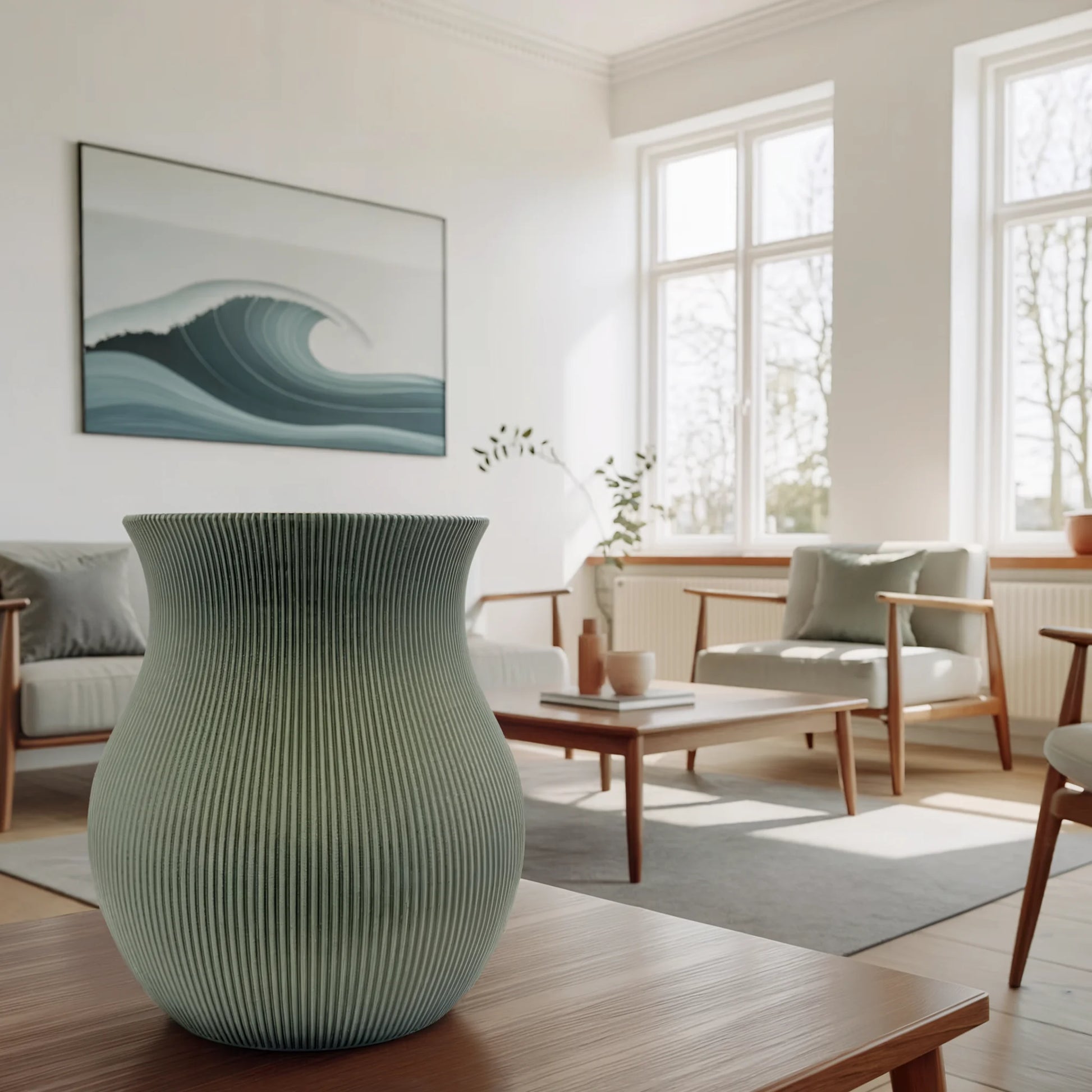 3D-gedruckte Wave Vase in Olivgrün im modernen skandinavischen Wohnzimmer – personalisierbar mit Name oder Text und in verschiedenen Größen und Farben erhältlich