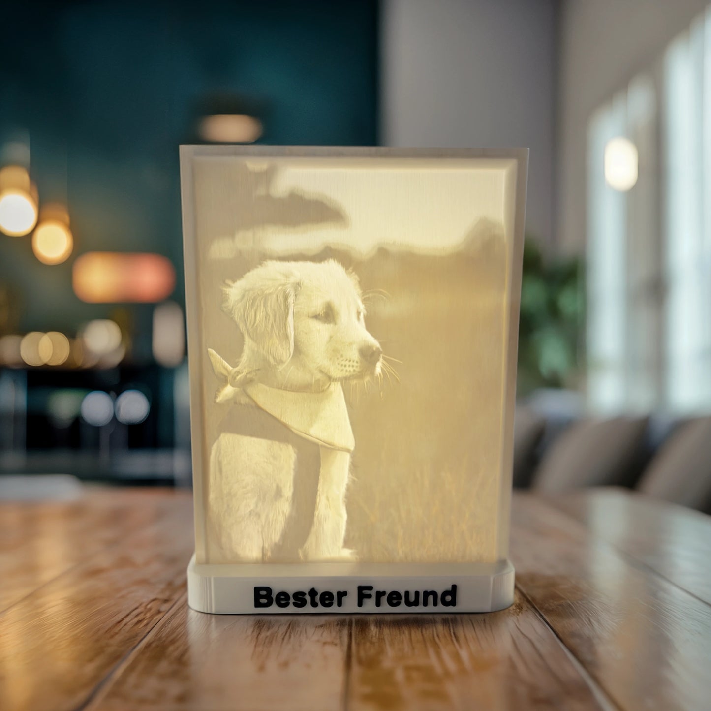 Personalisierte 3D-Litografie eines Hundes als leuchtendes Erinnerungsbild auf Holztisch im Wohnzimmer.